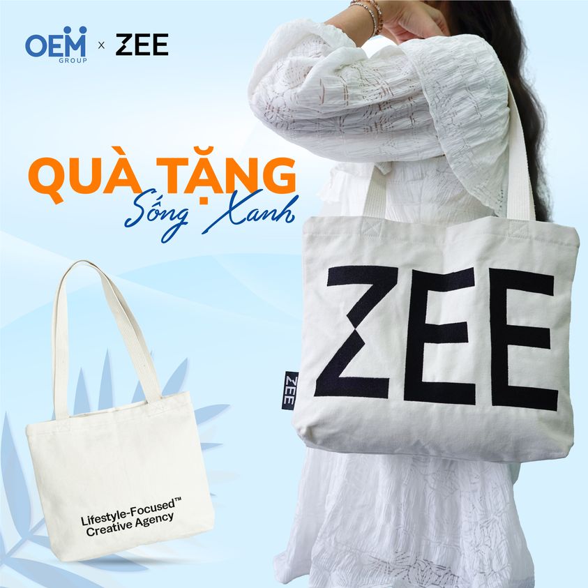 túi tote quà tặng khuyến mãi xanh OEM Group và Zee