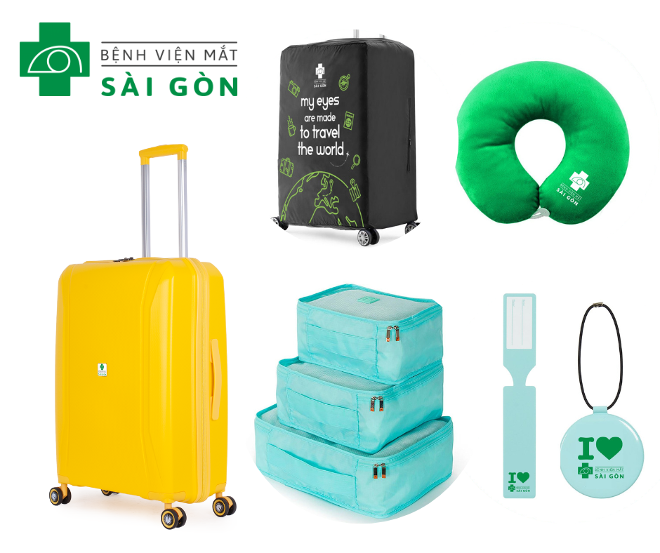 Bộ quà tặng khuyến mãi được OEM Group thiết kế độc quyền dựa trên màu sắc và logo nhận diện thương hiệu Mắt Sài Gòn.