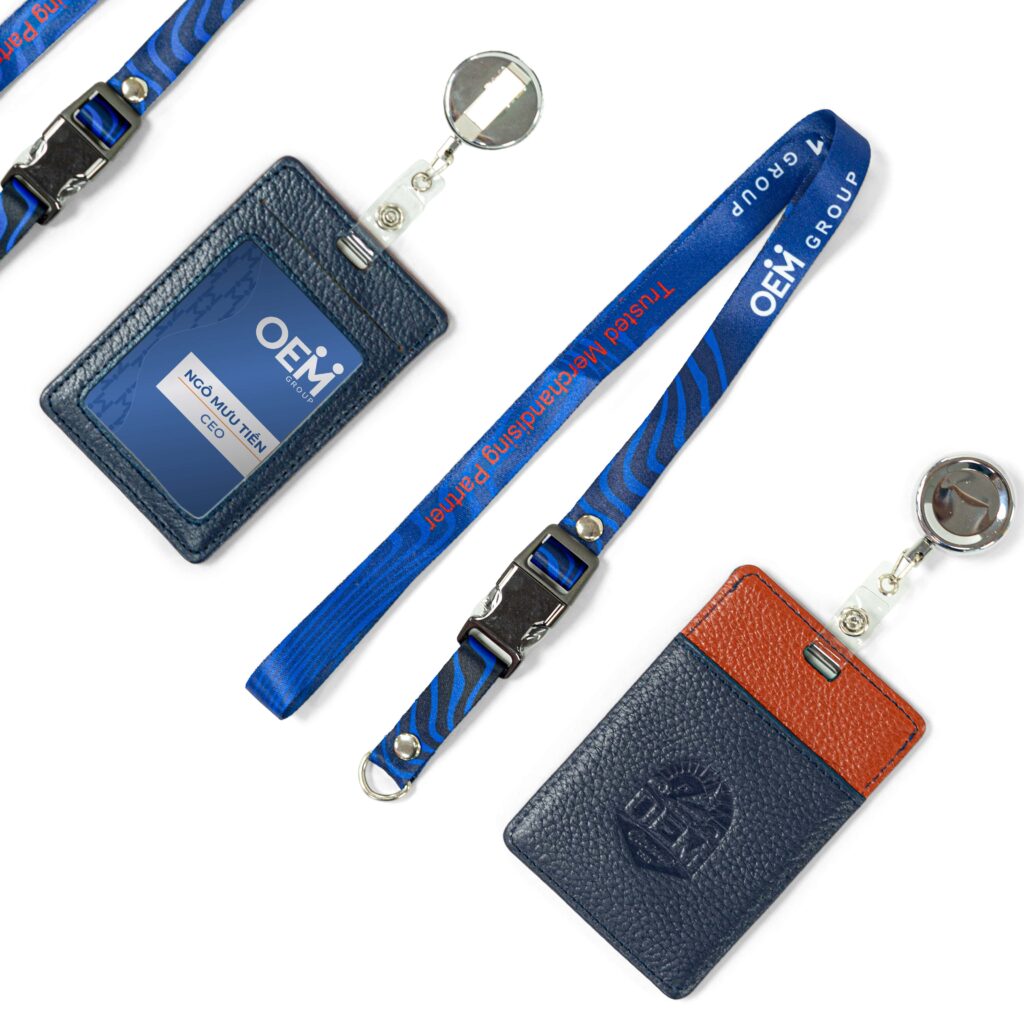 thẻ tên da bò và dây đeo
