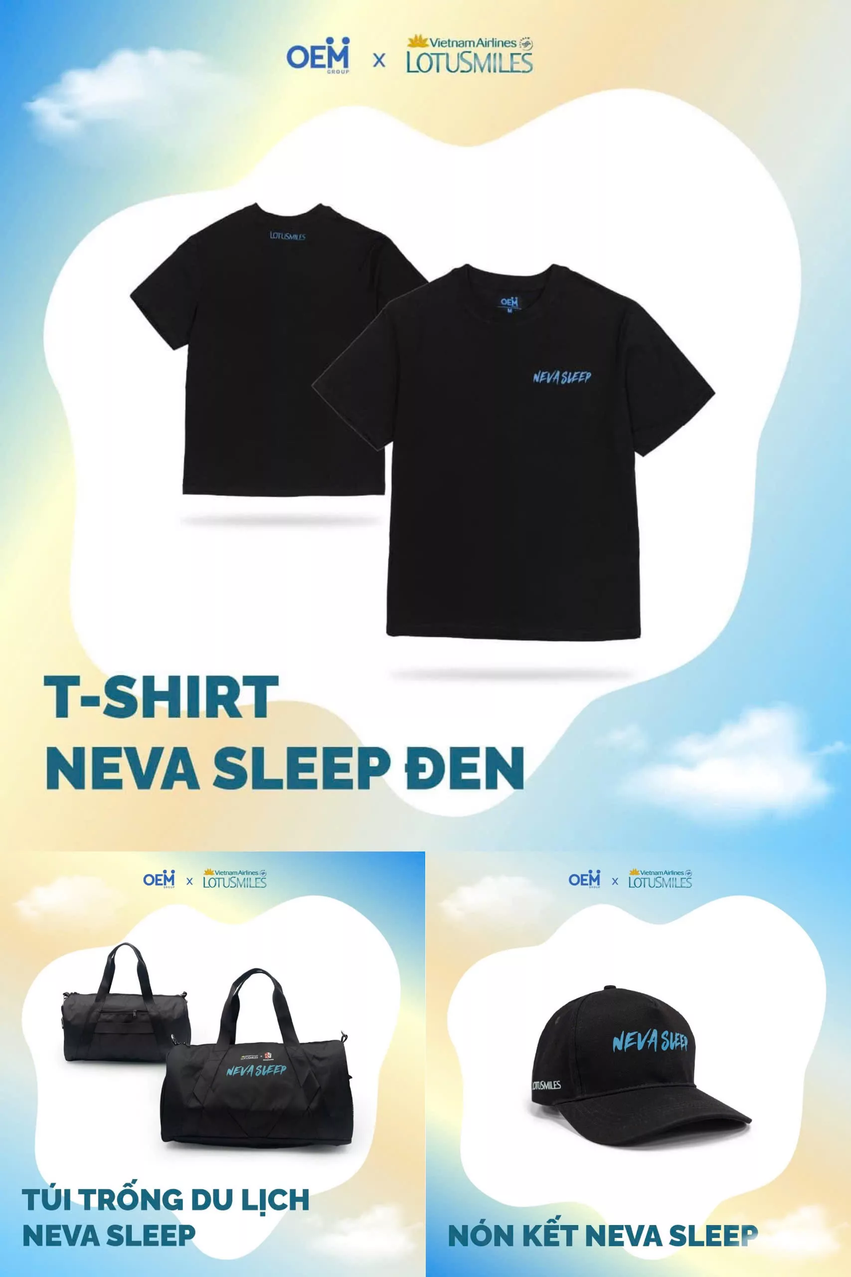 Bộ quà tặng Neva Sleep merchandise Vietnam Airlines gồm áo thun, túi trống, nón, gấu bông