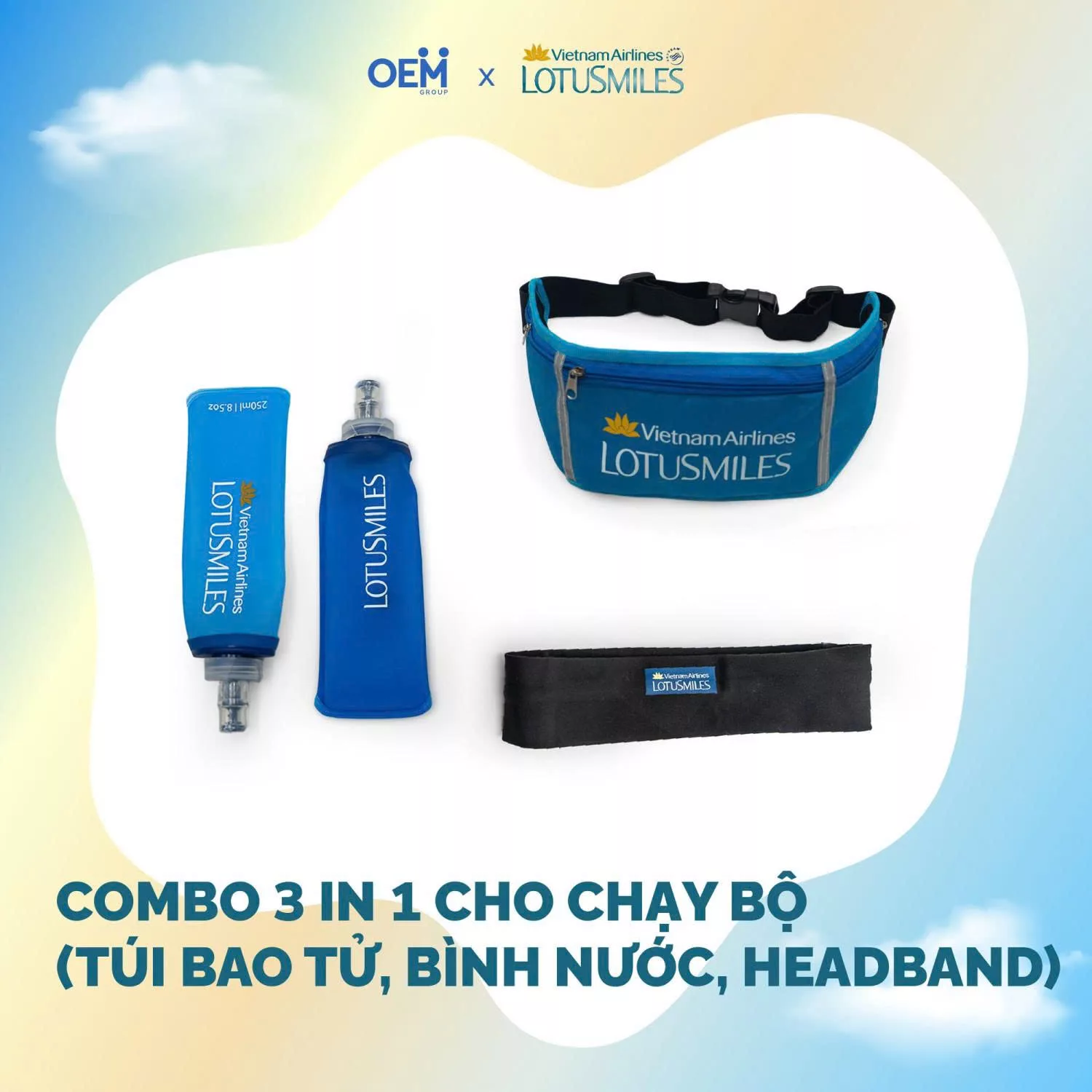 Combo 3 in 1 phụ kiện thể thao merchandise Vietnam Airlines gồm túi bao tử, bình nước, headband
