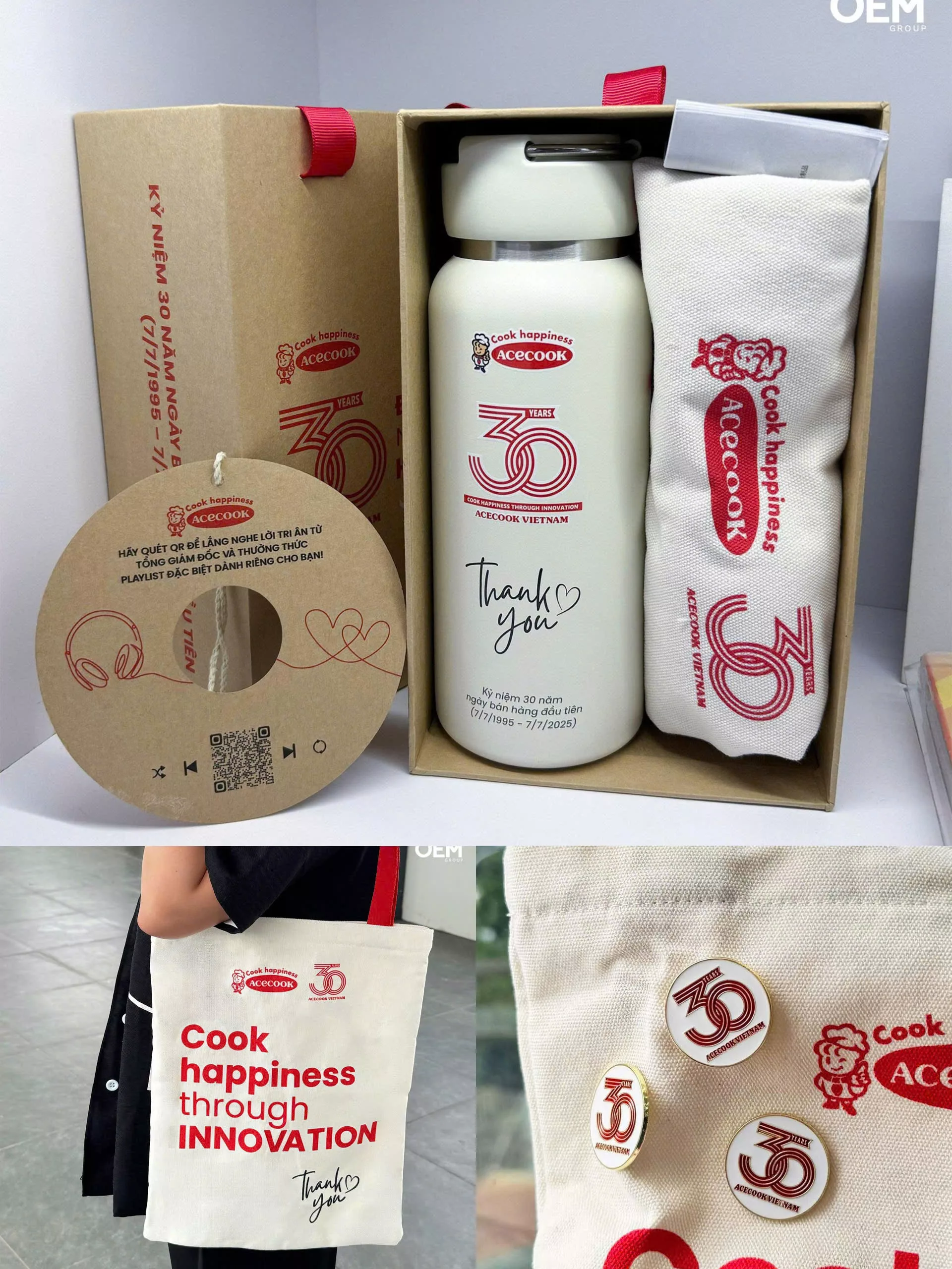 Bộ giải pháp quà tặng doanh nghiệp OEM Group cho Acecook – bình giữ nhiệt và túi tote canvas kỷ niệm 30 năm