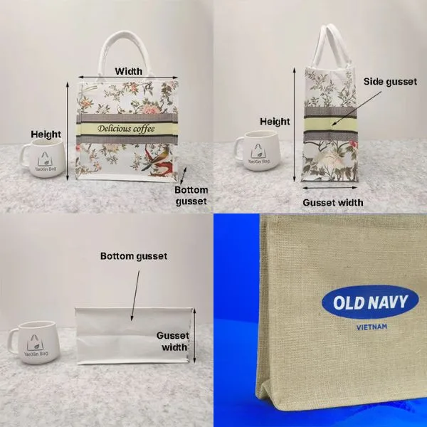 Túi tote mở toàn phần (All-side Gusset) với các nếp gấp mở rộng ở cả hai bên hông và đáy, cung cấp sức chứa lớn và cấu trúc chịu lực an toàn để mang vác đồ nặng